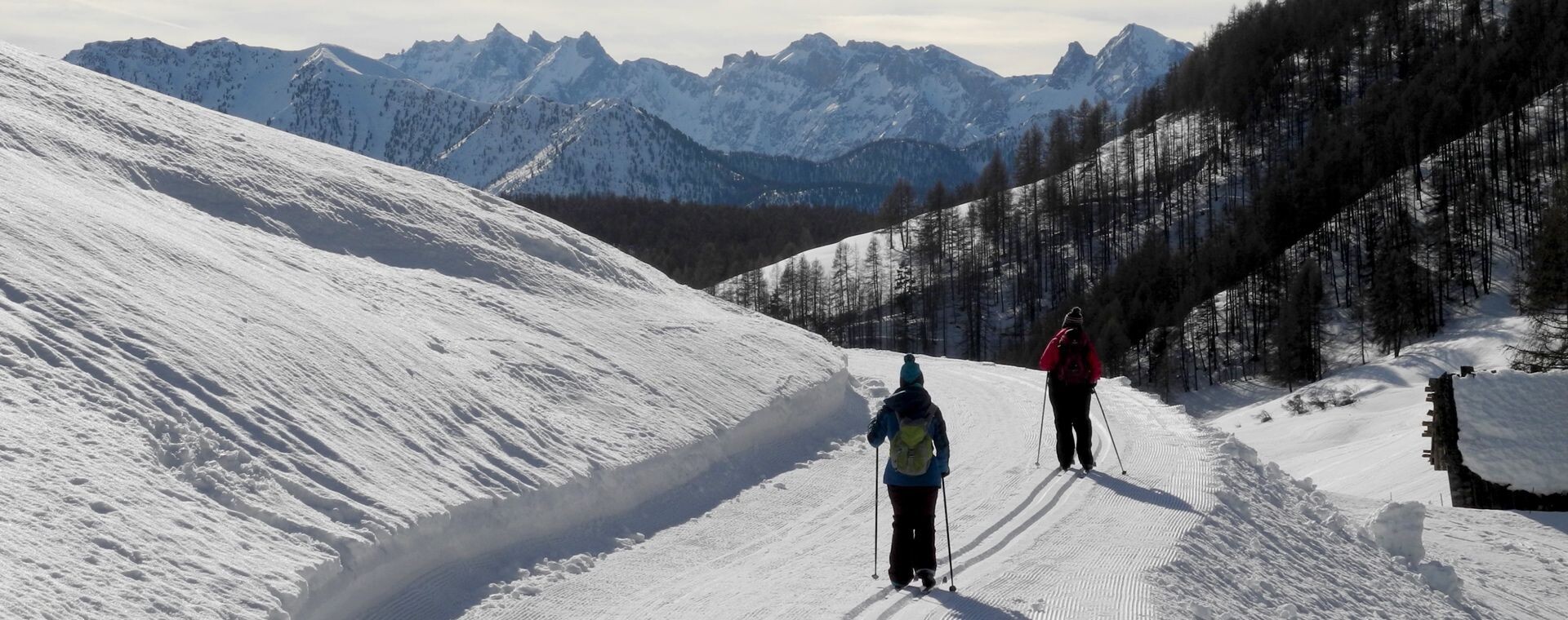 Langläufer mit Blick auf verschneite Gipfel - Queyras - Südalpen - Frankreich