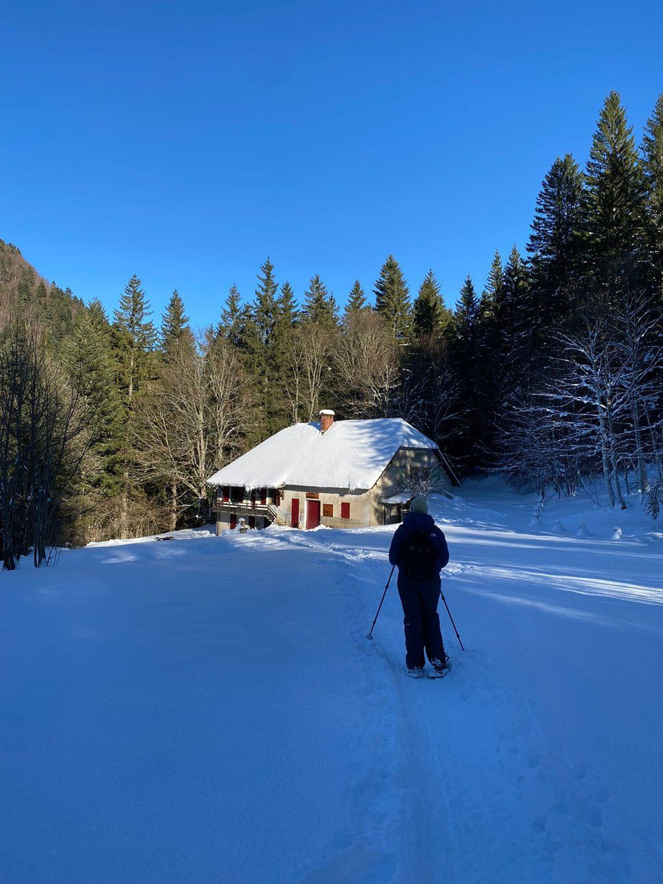 Schneeschuhwanderer auf dem Weg zur Schutzhütte Esparron im Winter - Vercors - Frankreich