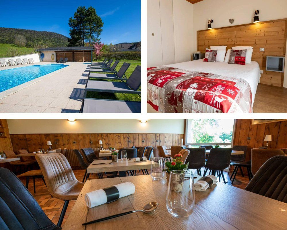 Außenansicht, Zimmer und Restaurant des Hotels Le Vernay in Autrans
