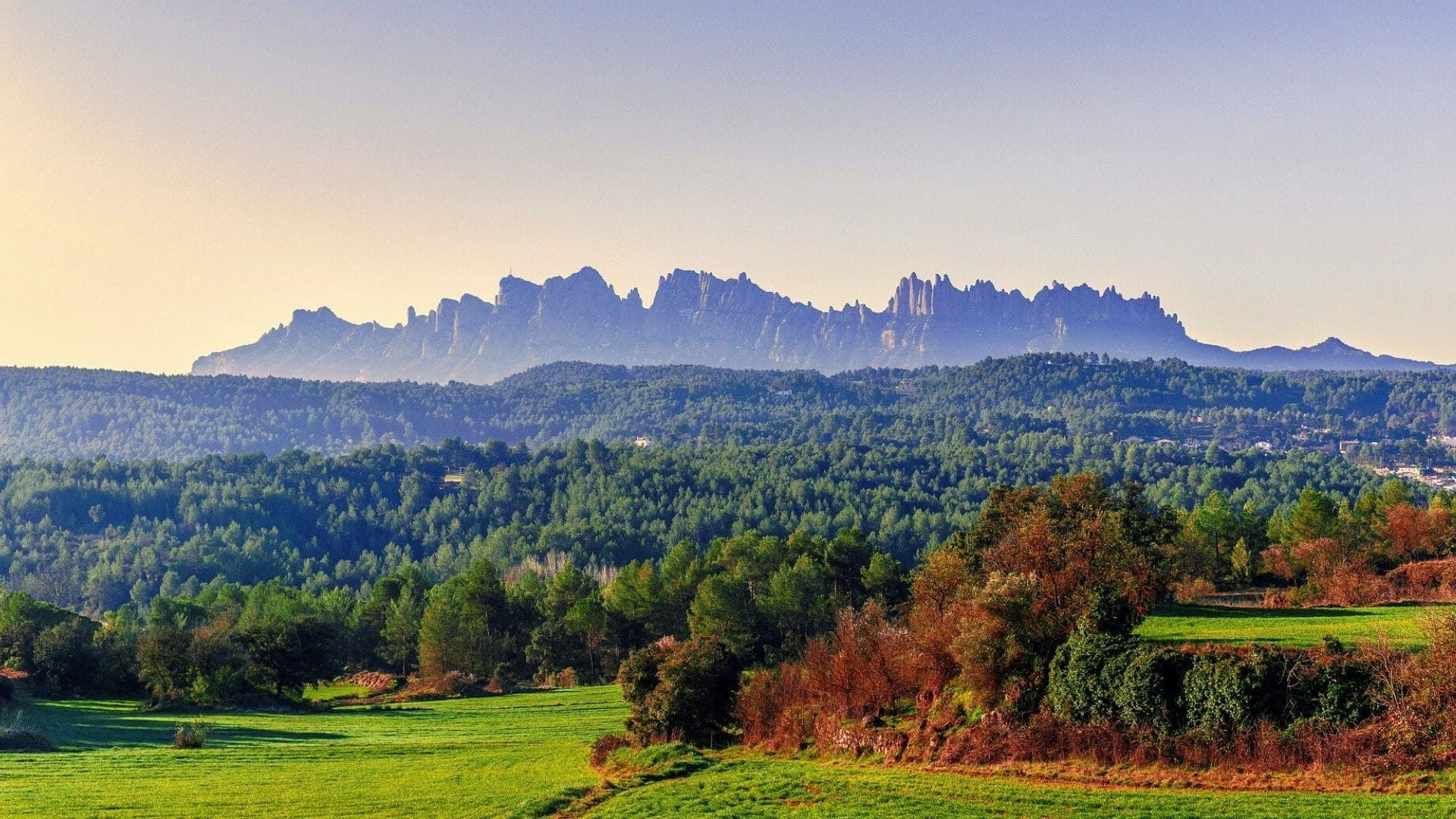 Montserrat-Massiv über bewaldeten Hügeln - Katalonien - Spanien