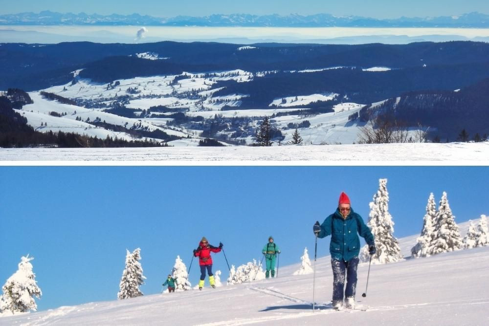 © Raymond Chabanier Panorama mit der Schweiz und den Berner Alpen sowie Skifahren unterhalb des Feldbergs © Raymond Chabanier