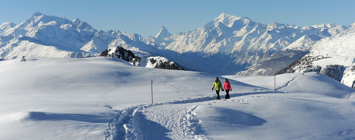 Schneeschuhwanderer mit Blick auf die Alpen - Aletsch - Schweiz