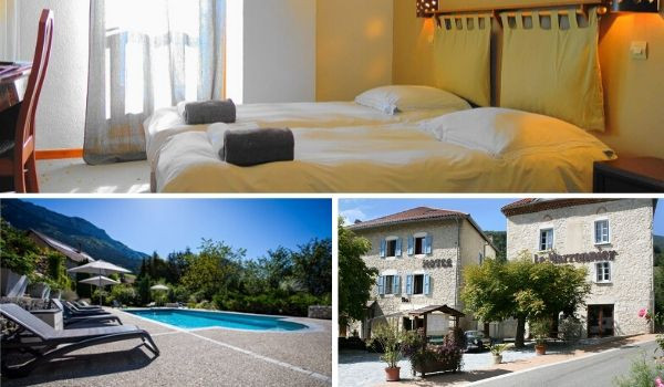 Zimmer, Pool und Fassade des Hotels le Marronnier in Rencurel