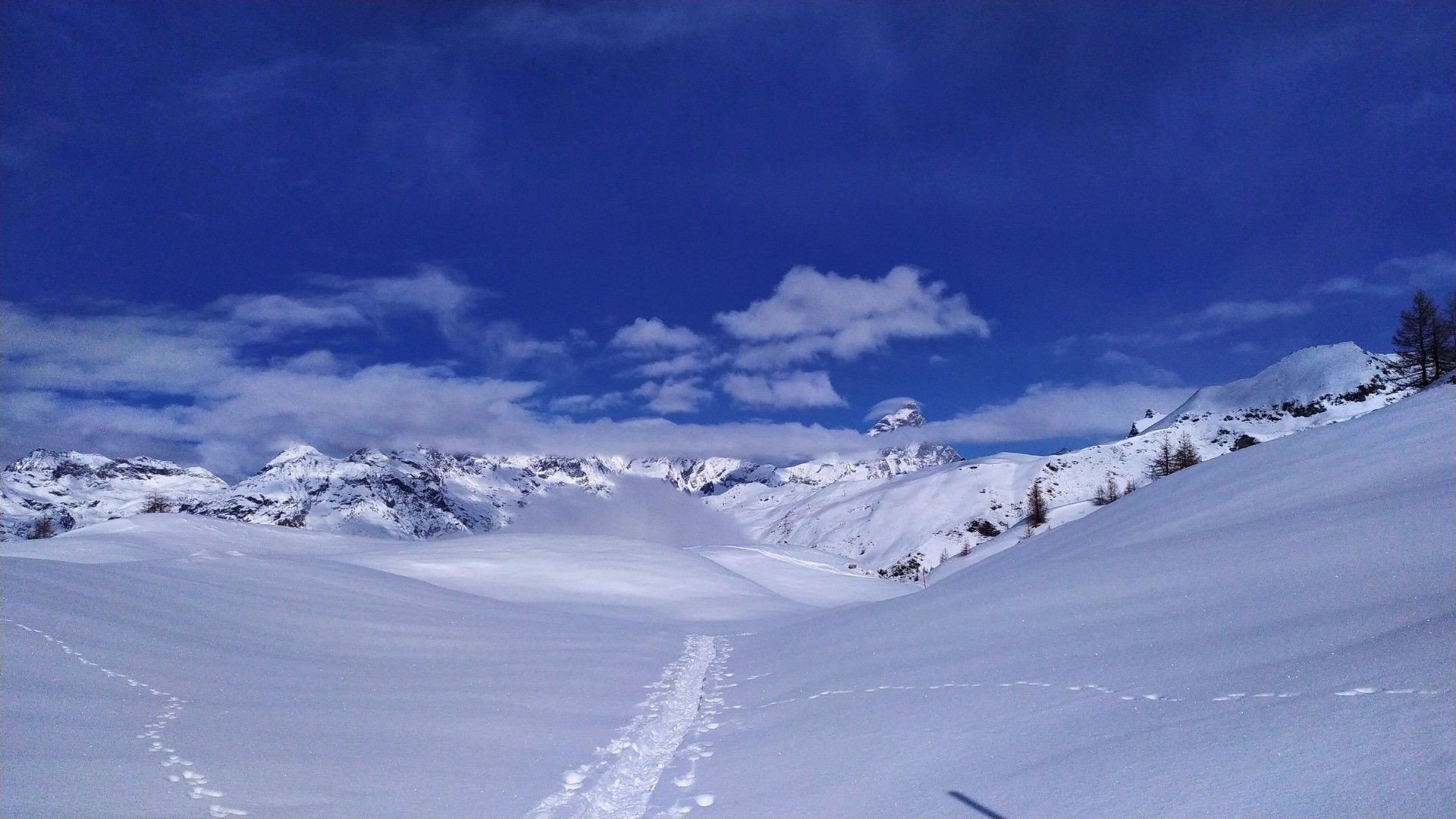 Skispur auf einer verschneiten Hochebene in Richtung der Gipfel - Alpen
