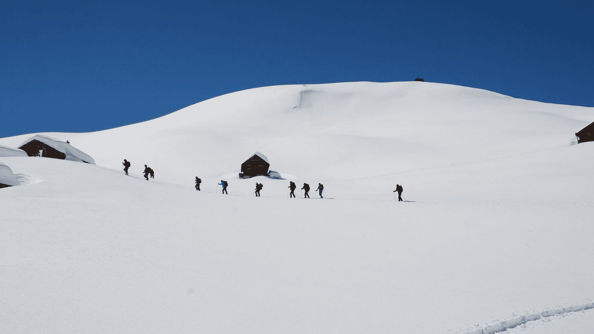 Schneeschuhwanderer auf dem Weg zu einer verschneiten Schutzhütte - Queyras - Alpen - Frankreich