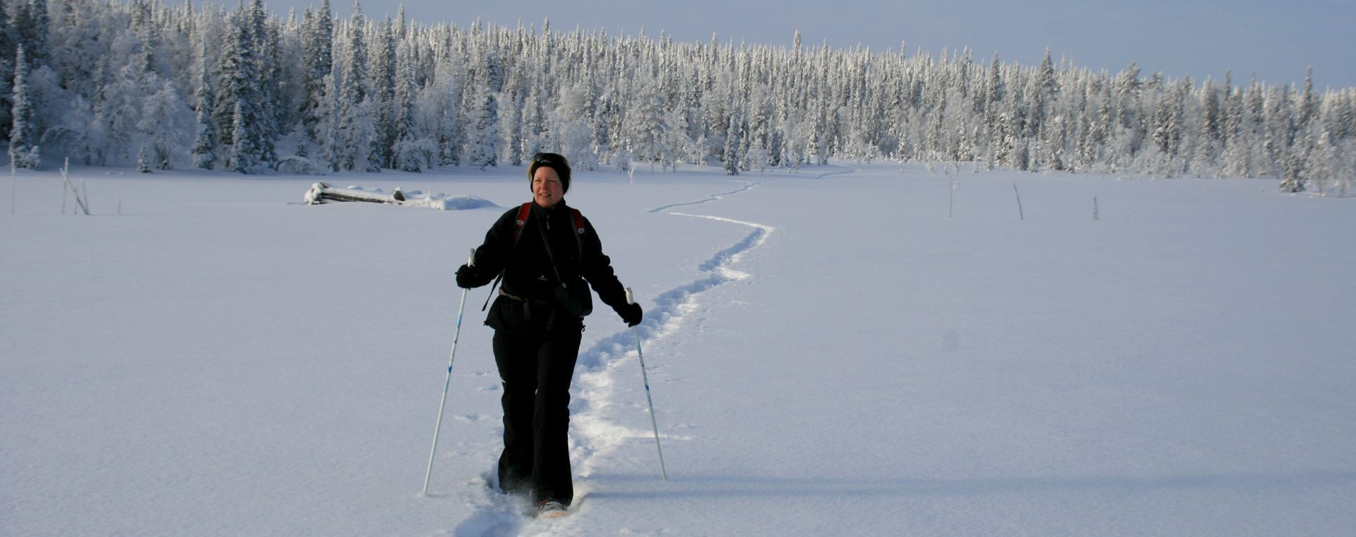 Schneeschuhwanderer auf der verschneiten Ebene - Finnisch-Lappland