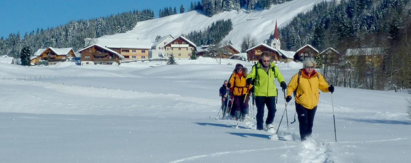 Schneeschuhwanderer nahe einem Dorf - Bregenzerwald - Österreich