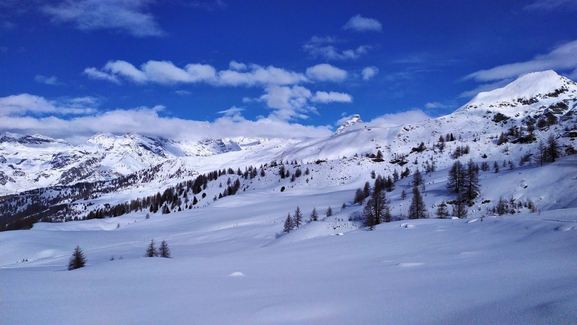 Panorama verschneiter Berge unter blauem Himmel - Alpen